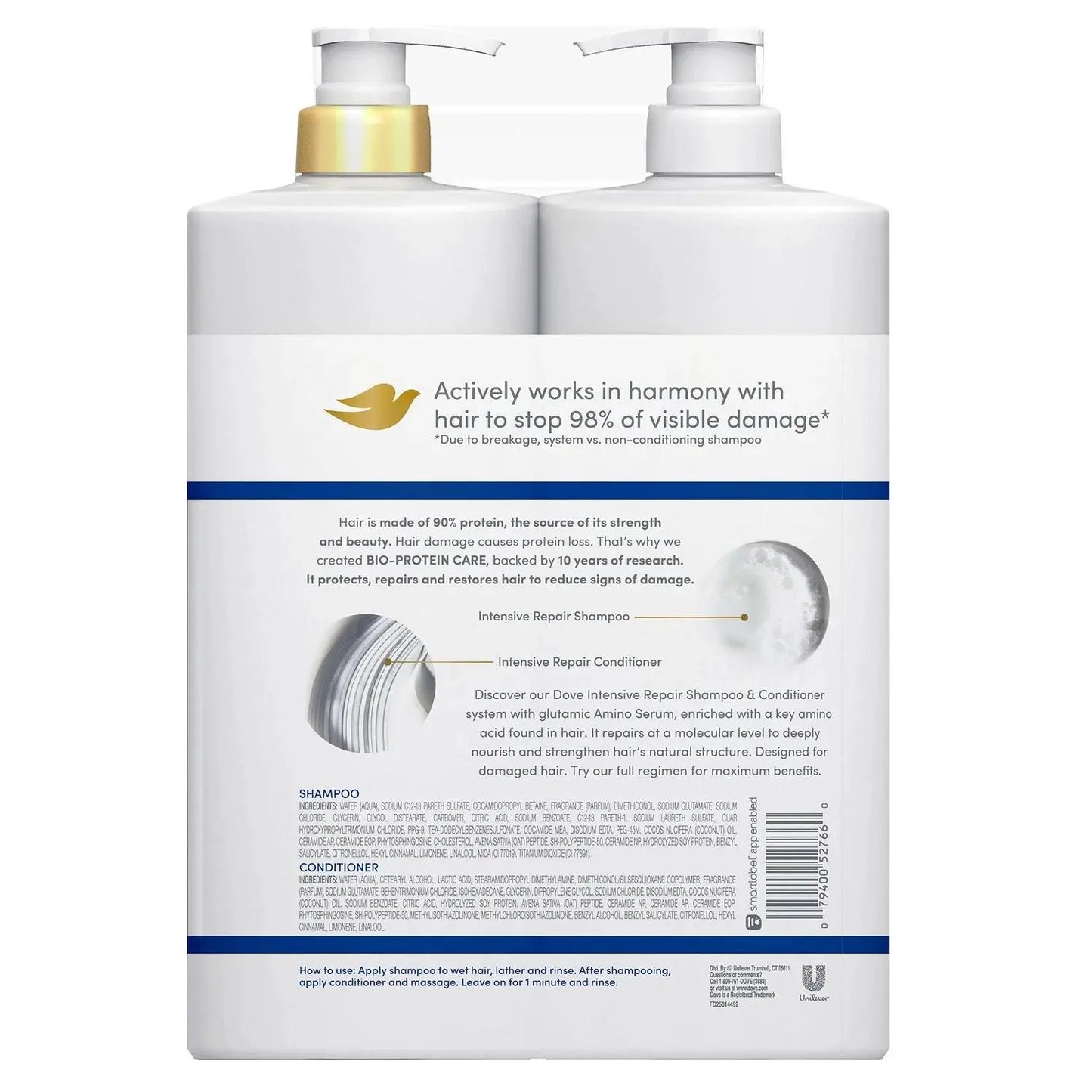 Dove Intensive Repair Damage Therapy Shampoo & Conditioner Set 33.8 Oz 2 Pack with Bio-Protein Care Amino Serum for Hair Repair and Conditioning Gentle Hair Care Repairing