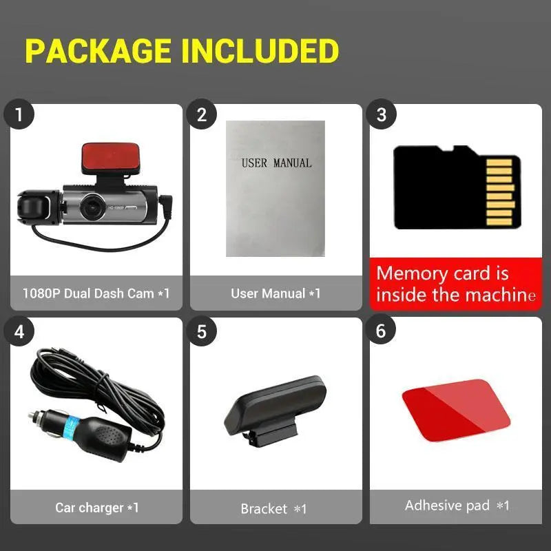 WHATOOK 1080P Ultra HD Dual Dash Cam, Front Car Camera, Mini Car Dashcam with Night Vision, Includes 32GB Memory Card for Recording, Dual Dashcam