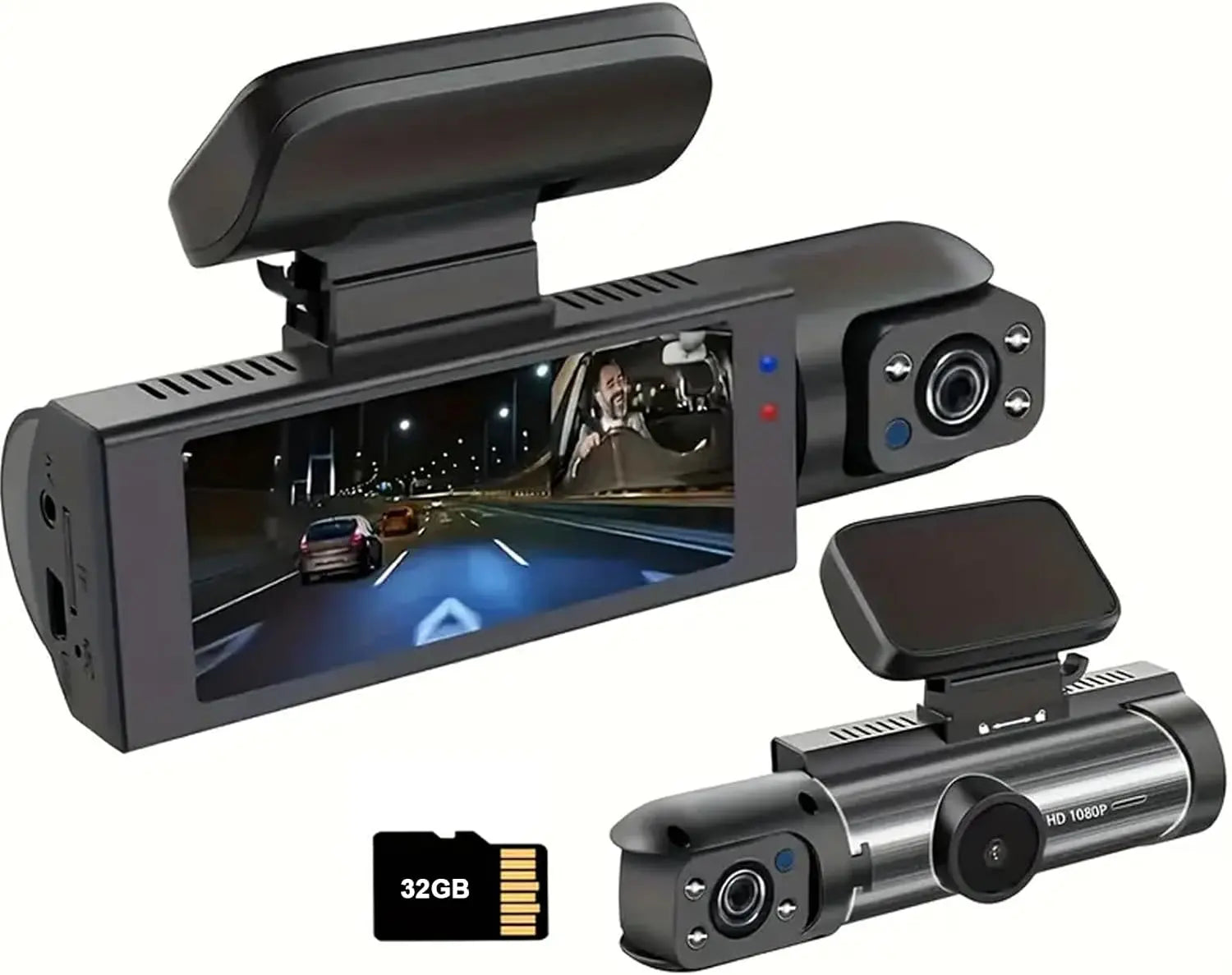 WHATOOK 1080P Ultra HD Dual Dash Cam, Front Car Camera, Mini Car Dashcam with Night Vision, Includes 32GB Memory Card for Recording, Dual Dashcam