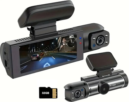 WHATOOK 1080P Ultra HD Dual Dash Cam, Front Car Camera, Mini Car Dashcam with Night Vision, Includes 32GB Memory Card for Recording, Dual Dashcam