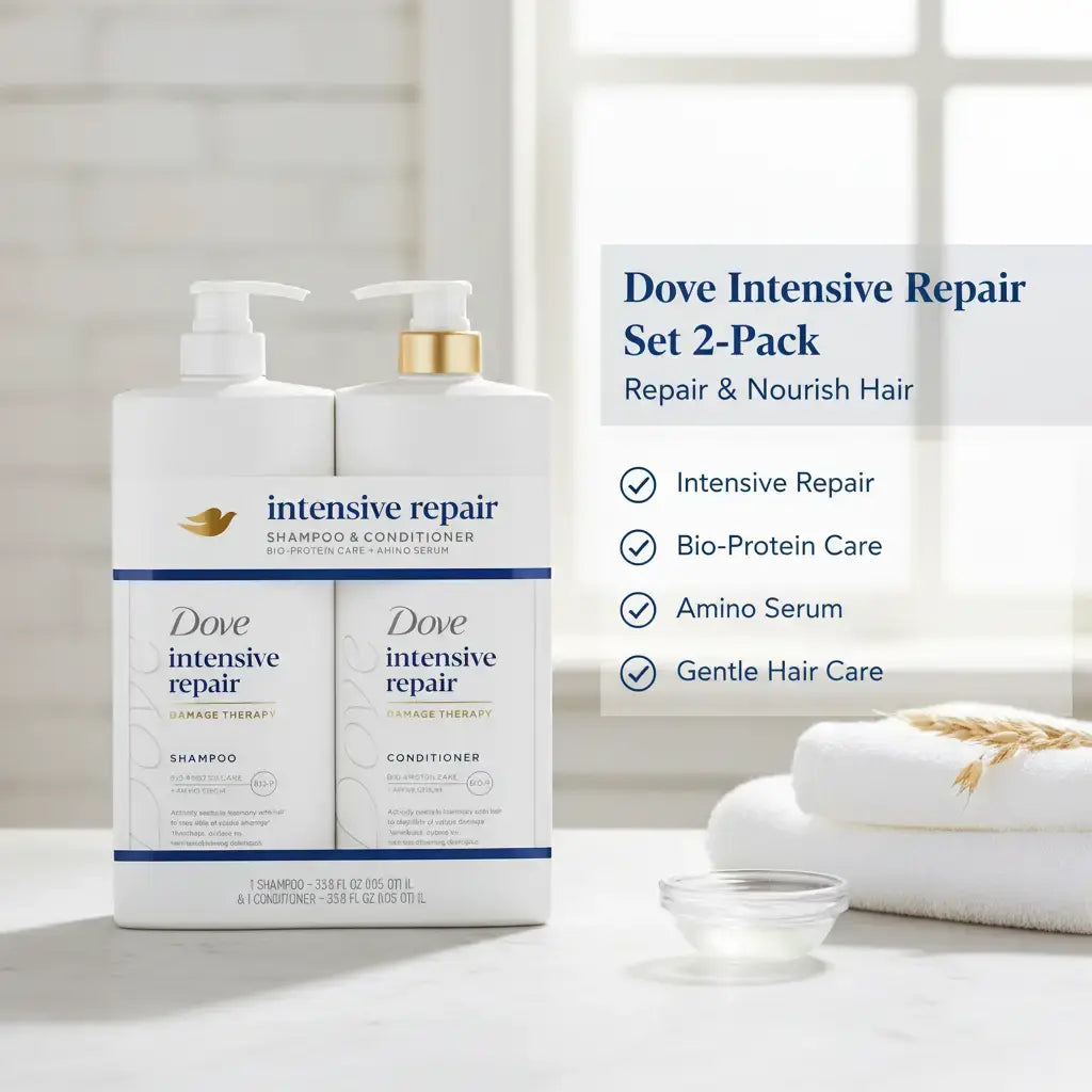 Dove Intensive Repair Damage Therapy Shampoo & Conditioner Set 33.8 Oz 2 Pack with Bio-Protein Care Amino Serum for Hair Repair and Conditioning Gentle Hair Care Repairing