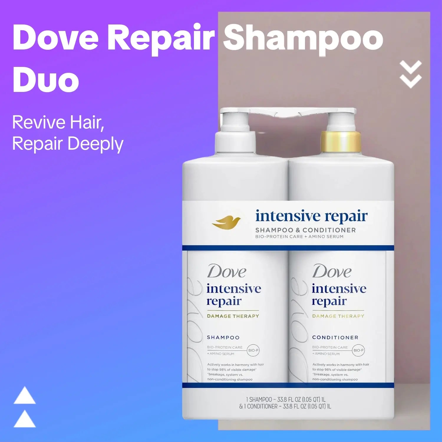 Dove Intensive Repair Damage Therapy Shampoo & Conditioner Set 33.8 Oz 2 Pack with Bio-Protein Care Amino Serum for Hair Repair and Conditioning Gentle Hair Care Repairing