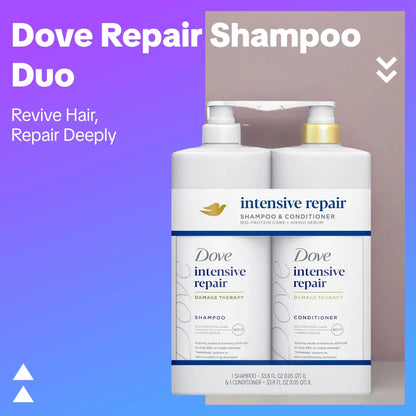 Dove Intensive Repair Damage Therapy Shampoo & Conditioner Set 33.8 Oz 2 Pack with Bio-Protein Care Amino Serum for Hair Repair and Conditioning Gentle Hair Care Repairing