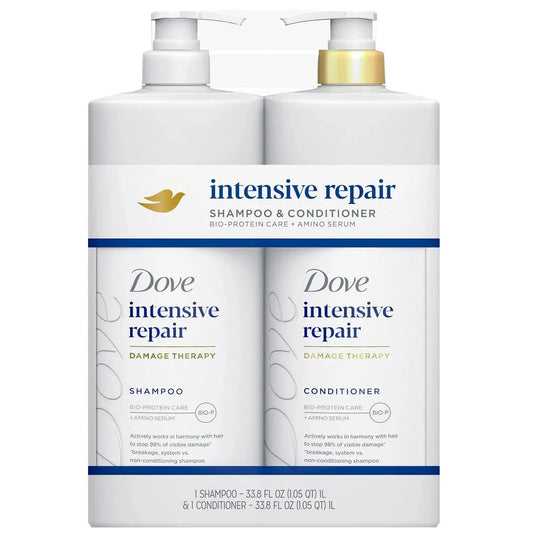 Dove Intensive Repair Damage Therapy Shampoo & Conditioner Set 33.8 Oz 2 Pack with Bio-Protein Care Amino Serum for Hair Repair and Conditioning Gentle Hair Care Repairing