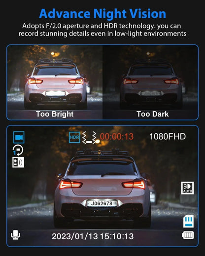WHATOOK 1080P Ultra HD Dual Dash Cam, Front Car Camera, Mini Car Dashcam with Night Vision, Includes 32GB Memory Card for Recording, Dual Dashcam