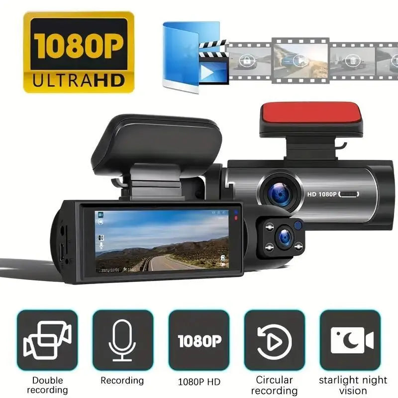 WHATOOK 1080P Ultra HD Dual Dash Cam, Front Car Camera, Mini Car Dashcam with Night Vision, Includes 32GB Memory Card for Recording, Dual Dashcam